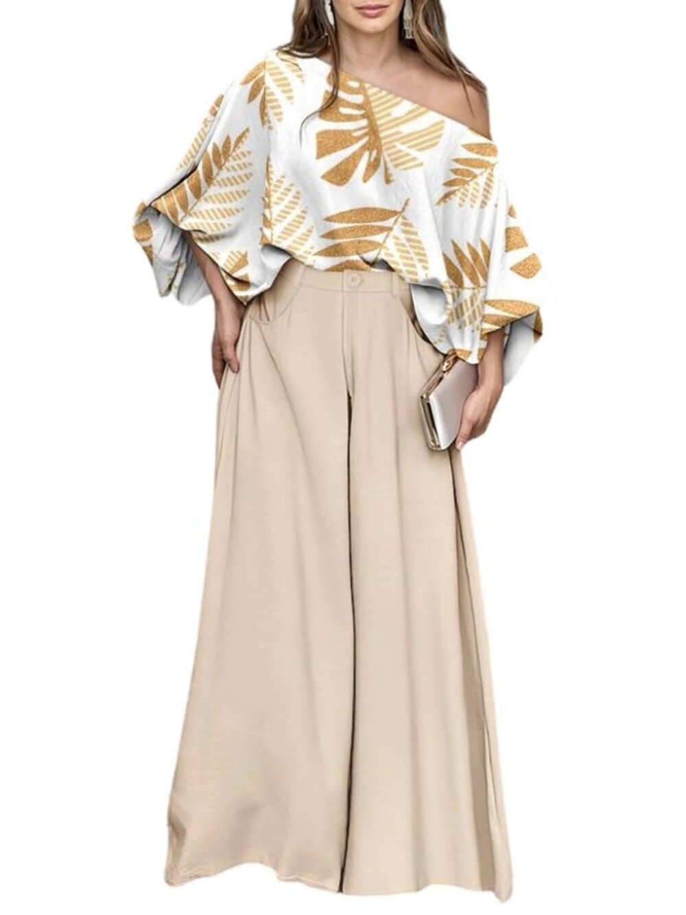 CHICME Women 2 Piece Summer Outfit Off Shoulder Flowy Wide Leg Pants Set Off Sho